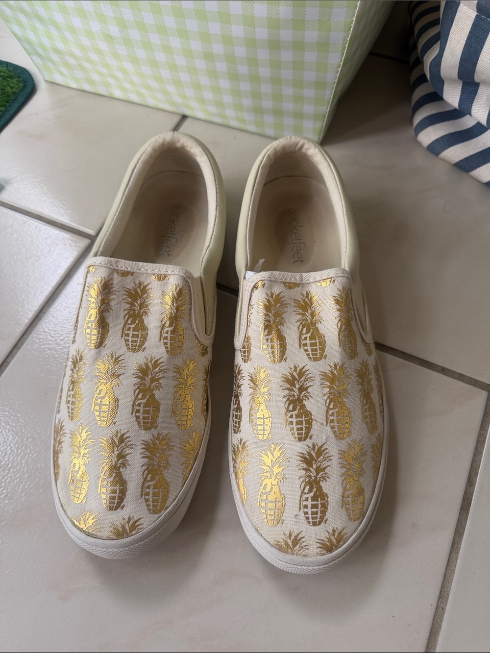 Bucketfeet Slip-On Canvas Sneakers with Metallic Pineapple Detail - Cream/Gold